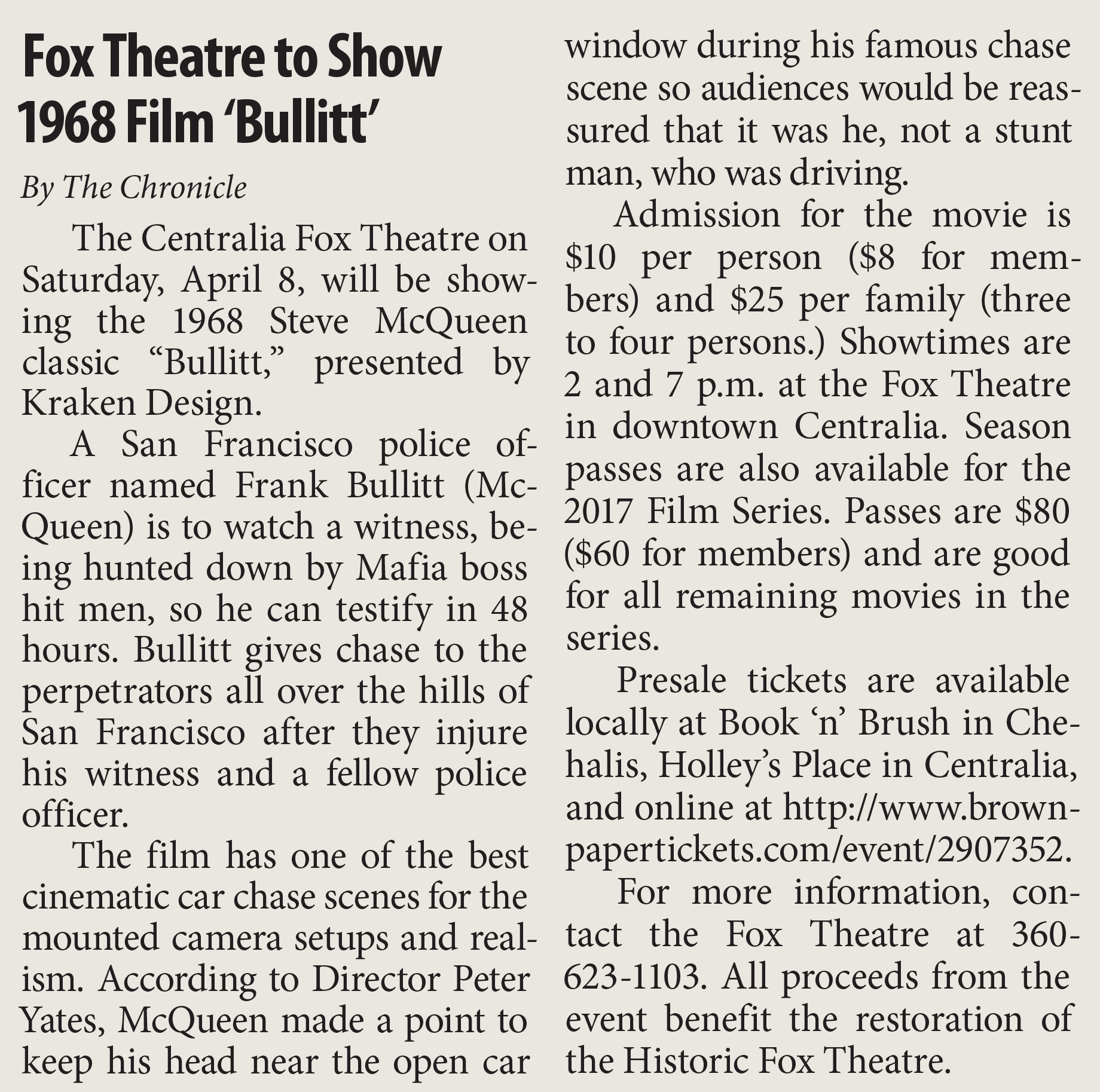 Centralia Chronicle Newspaper Clipping about Bullitt at Fox Theatre
